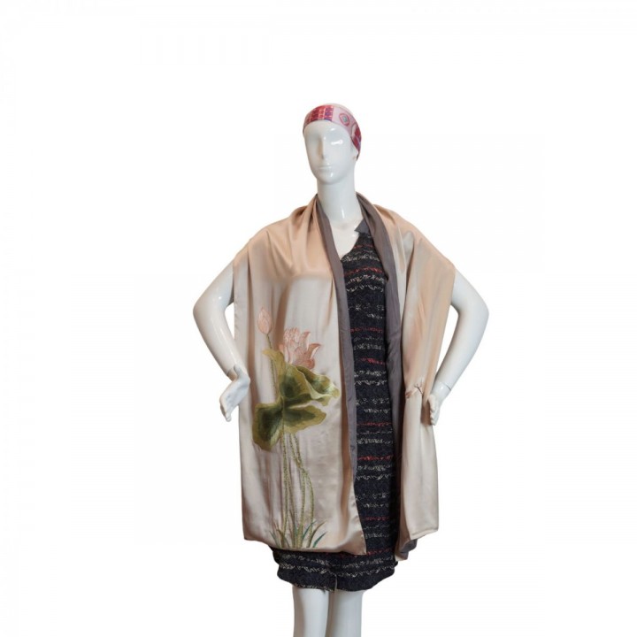 Beige silk scarf hand-embroidered with lotus 40*200 cm-Different models